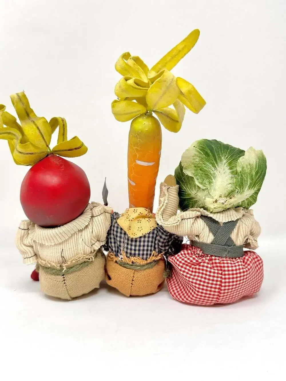 Vegetable Folk Art Dolls Set Radish Carrot & Cabbage Vtg Anthropomorphic Veggies